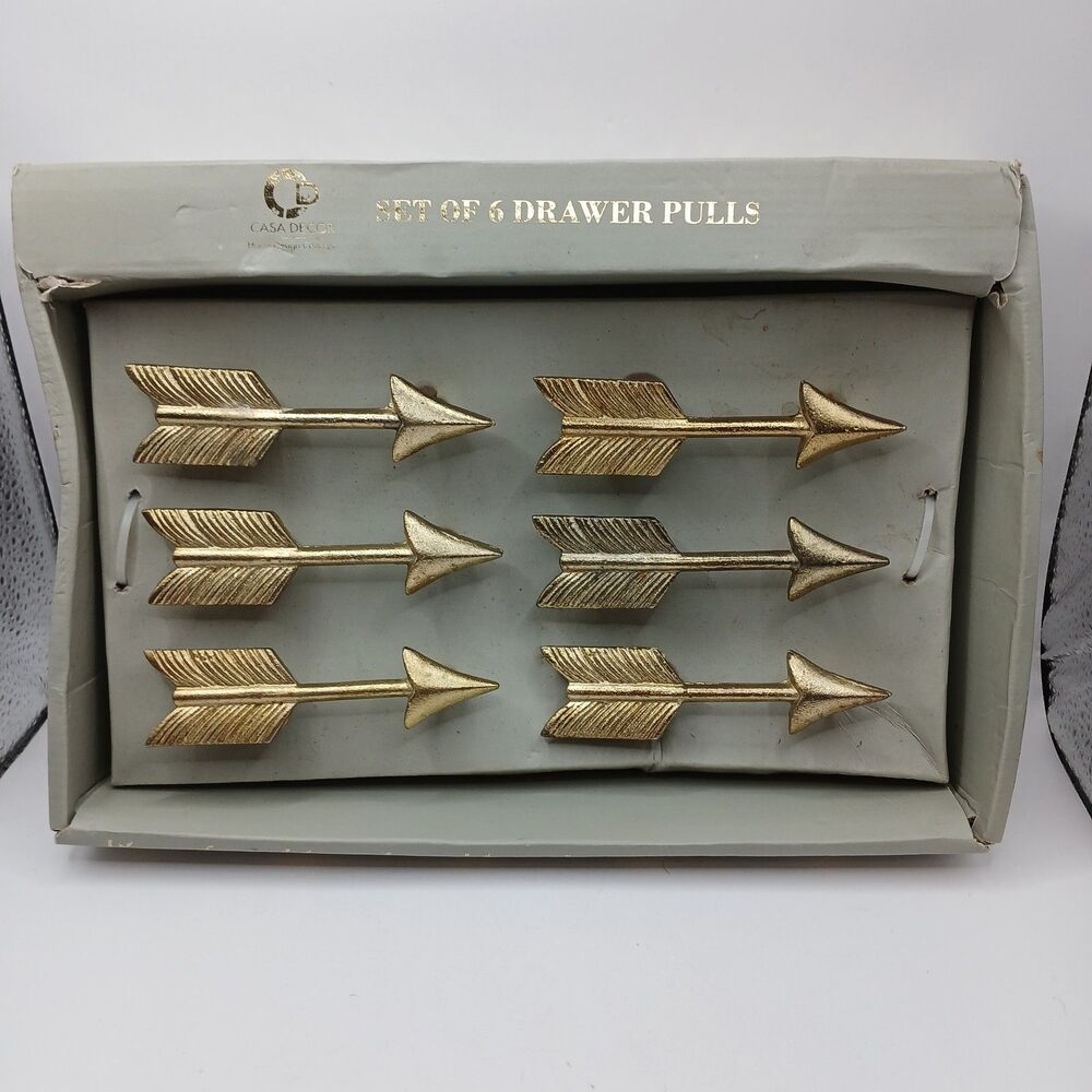 Lot of 6 Metal Arrow Drawer Cabinet Pulls Knobs Handles Gold Tone Metal New